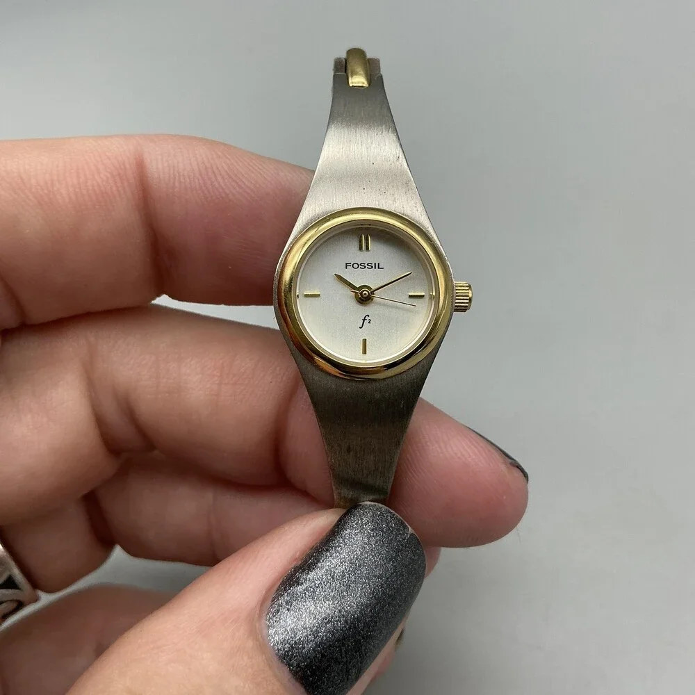 Fossil F2 Womens Watch 17mm Silver Two Tone Bangle ES-9069 New Battery 6.75